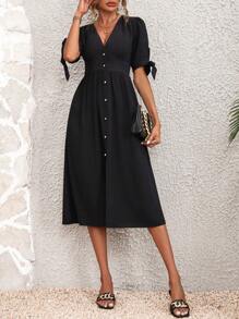 SHEIN LUNE 素色打結袖口前紐扣A字連衣裙 - 黑色 - 查看 6