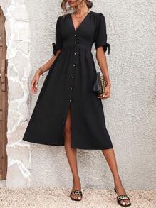 SHEIN LUNE 素色打結袖口前紐扣A字連衣裙 - 黑色 - 查看 1