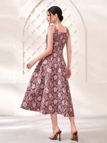 Modelyn Solid Floral Jacquard A-Line Dress Maxi Women Outfit - Dusty Pink - View 2