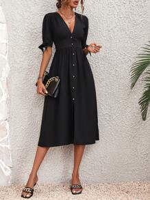 SHEIN LUNE 素色打結袖口前紐扣A字連衣裙 - 黑色 - 查看 4