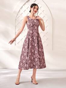 Modelyn Solid Floral Jacquard A-Line Dress Maxi Women Outfit - Dusty Pink - View 4