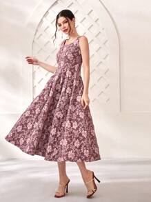 Modelyn Solid Floral Jacquard A-Line Dress Maxi Women Outfit - Dusty Pink - View 5