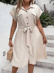 SHEIN LUNE Plus Flap Detail Belted Shirt Dress - Khaki - View 4