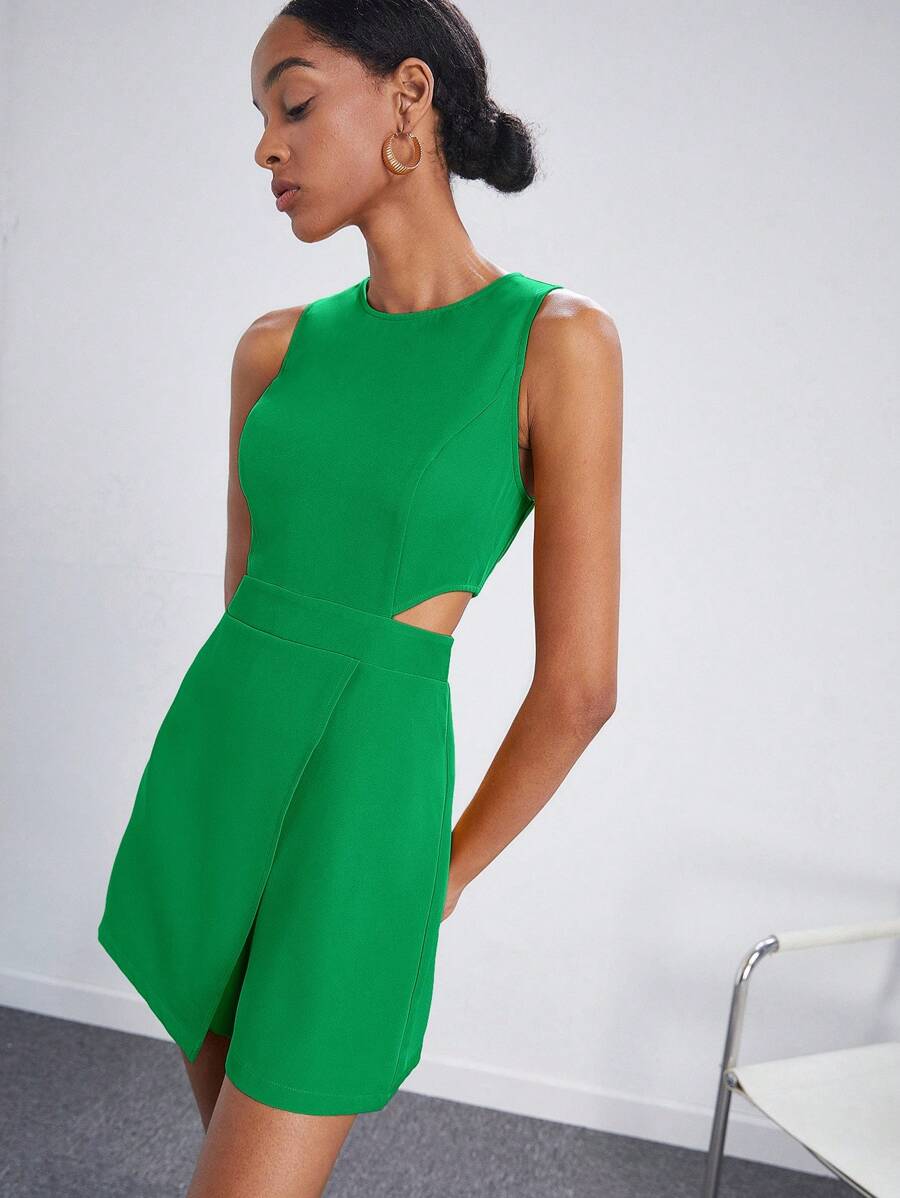 Maija Cut Out Waist Solid Romper Workwear - Green - View 1