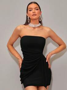 SHEIN BAE Đầm Thắt nút Xù Trọn gói màu trơn Gợi cảm - màu đen - Xem 4