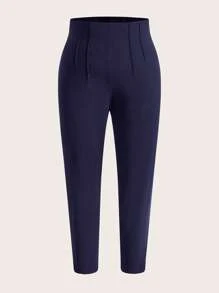 SHEIN LUNE Plus Solid High Waist Trousers - Navy Blue - View 1