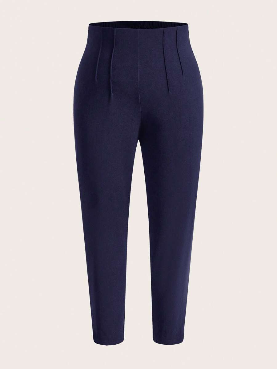 SHEIN LUNE Plus Solid High Waist Trousers - Navy Blue - View 1