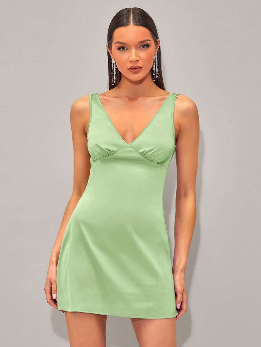 SHEIN BAE Đầm Buộc lại Nếp gấp Phần Ngực màu trơn Thanh lịch - Màu xanh chanh - Xem 1