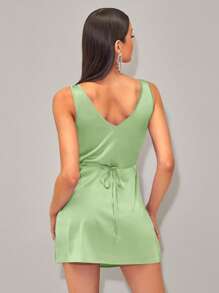 SHEIN BAE Đầm Buộc lại Nếp gấp Phần Ngực màu trơn Thanh lịch - Màu xanh chanh - Xem 2