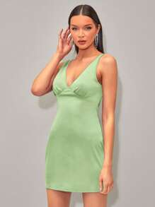 SHEIN BAE Đầm Buộc lại Nếp gấp Phần Ngực màu trơn Thanh lịch - Màu xanh chanh - Xem 3