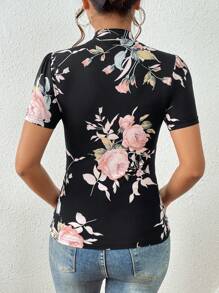 SHEIN Privé Floral Print Mock Neck Tee - Multicolor - View 2