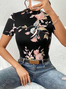 SHEIN Privé Floral Print Mock Neck Tee - Multicolor - View 5
