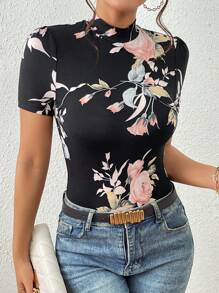 SHEIN Privé Floral Print Mock Neck Tee - Multicolor - View 6