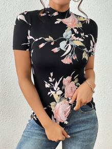 SHEIN Privé Floral Print Mock Neck Tee - Multicolor - View 7
