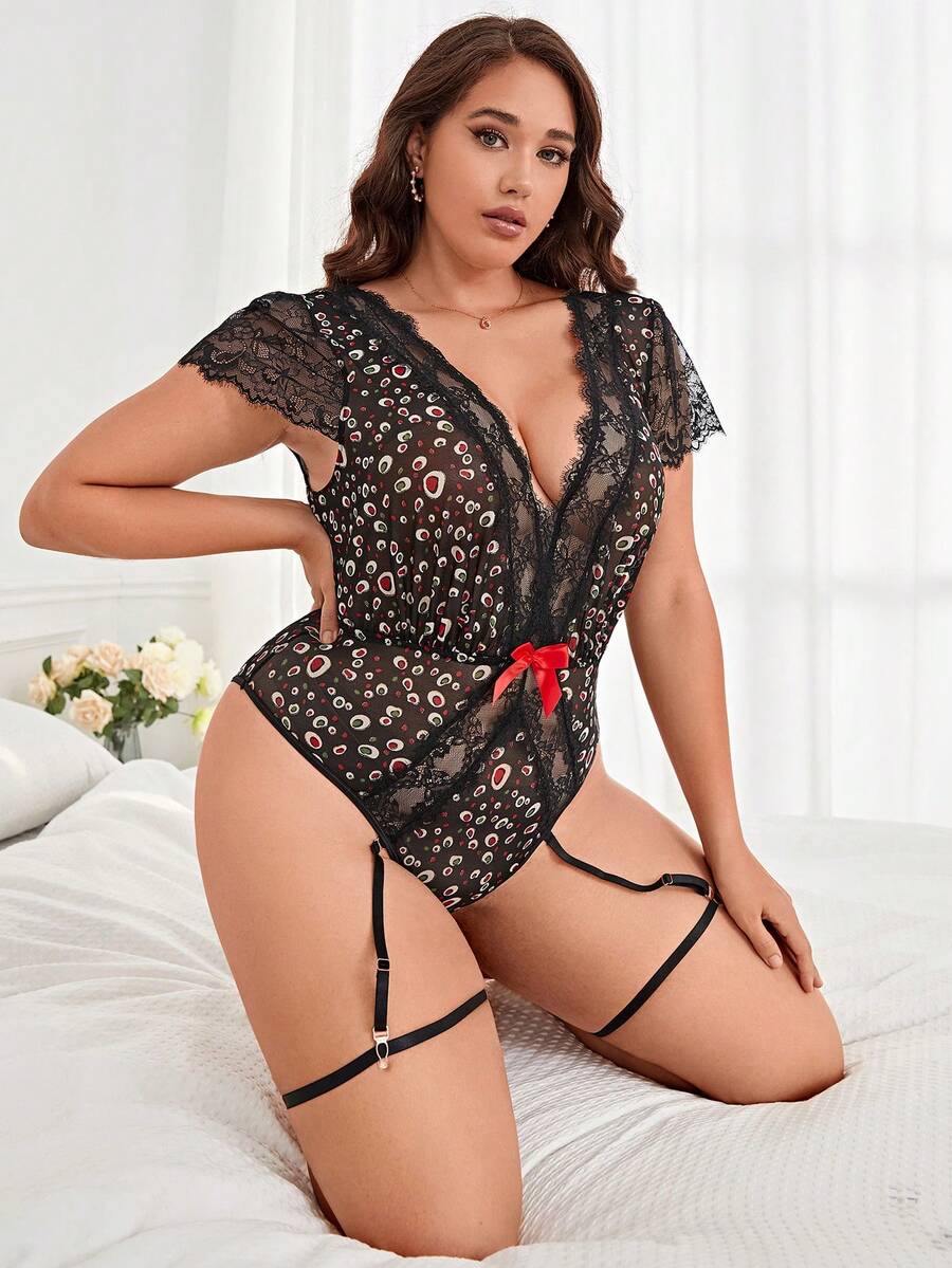 Plus Floral Lace Garter Teddy Bodysuit With 1pair Leg Ring - Multicolor - View 1