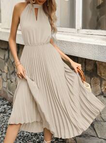 SHEIN LUNE 鎖眼領百褶下擺洋裝 - 杏色 - 查看 3