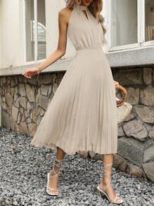 SHEIN LUNE 鎖眼領百褶下擺洋裝 - 杏色 - 查看 5