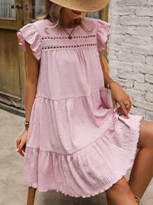 SHEIN Clasi 水溶蕾絲拼接荷葉邊娃娃裙 - 粉色 - 查看 1