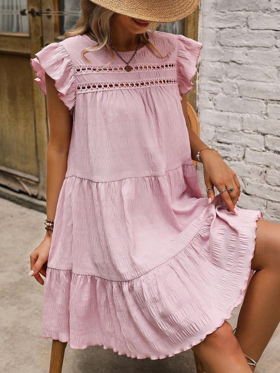 SHEIN Clasi 水溶蕾絲拼接荷葉邊娃娃裙 - 粉色 - 查看 1