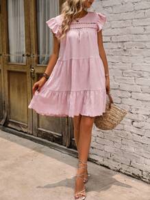 SHEIN Clasi 水溶蕾絲拼接荷葉邊娃娃裙 - 粉色 - 查看 3