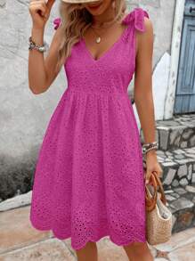 SHEIN LUNE Đầm Thắt nút Tranh thêu màu trơn Boho - Màu Hồng Tươi - Xem 3