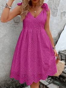 SHEIN LUNE Đầm Thắt nút Tranh thêu màu trơn Boho - Màu Hồng Tươi - Xem 4