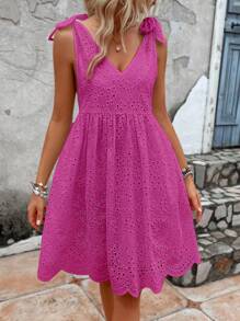 SHEIN LUNE Đầm Thắt nút Tranh thêu màu trơn Boho - Màu Hồng Tươi - Xem 6