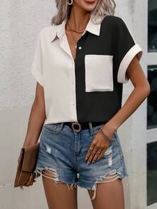 SHEIN LUNE 雙色蝙蝠袖口袋貼布襯衫 - 彩色 - 查看 5