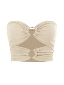 SHEIN Unity Áo nữ Cắt ra Nhẫn màu trơn Giải trí - Màu be - Xem 1