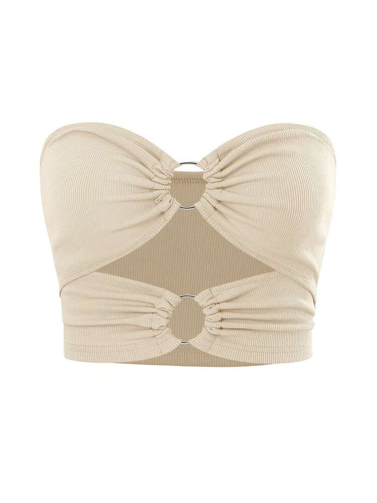 SHEIN Unity Áo nữ Cắt ra Nhẫn màu trơn Giải trí - Màu be - Xem 1