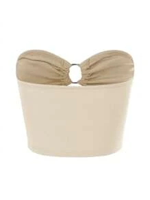 SHEIN Unity Áo nữ Cắt ra Nhẫn màu trơn Giải trí - Màu be - Xem 2