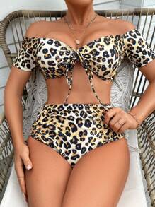 SHEIN 豹紋前打結比基尼泳裝 - 彩色 - 查看 4