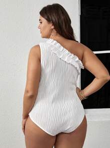 Breezaya Plus One Shoulder Ruffle Trim Bodysuit - White - View 2