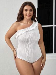 Breezaya Plus One Shoulder Ruffle Trim Bodysuit - White - View 3
