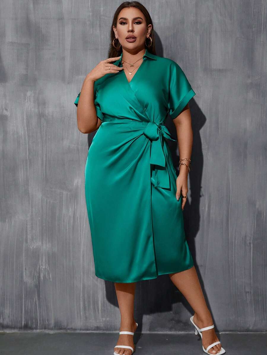 SHEIN LUNE Plus Solid Wrap Knot Side Satin Dress - Green - View 1