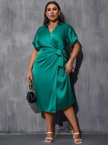SHEIN LUNE Plus Solid Wrap Knot Side Satin Dress - Green - View 3