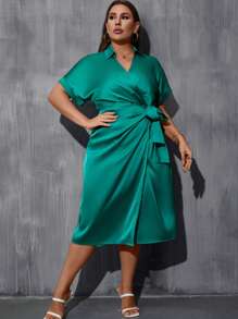 SHEIN LUNE Plus Solid Wrap Knot Side Satin Dress - Green - View 4