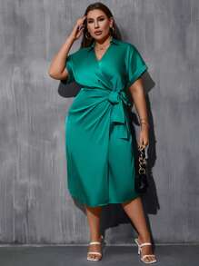 SHEIN LUNE Plus Solid Wrap Knot Side Satin Dress - Green - View 5