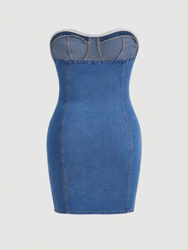 SHEIN EZwear Plus Bustier Tube Denim Dress SHEIN USA
