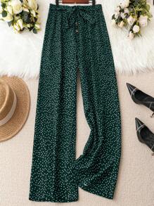 SHEIN Holidaya 大碼波點圖案腰帶闊腿褲 - 墨綠色 - 查看 1