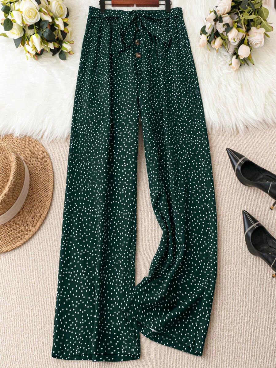 SHEIN Holidaya 大碼波點圖案腰帶闊腿褲 - 墨綠色 - 查看 1