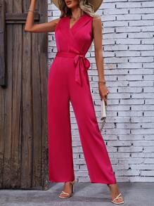 SHEIN Clasi Áo liền quần nữ Thắt lưng Trọn gói Dây kéo màu trơn Thanh lịch - Màu Hồng Tươi - Xem 3