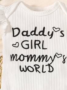 SHEIN 嬰兒女孩標語圖形荷葉邊t恤&蝴蝶結前褶裙&配件發帶套裝 - 彩色 - 查看 5