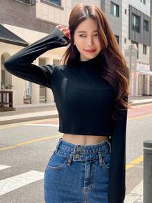 DAZY Áo thun nữ Tương phản ren màu trơn Gợi cảm - màu đen - Xem 3