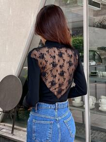 DAZY Áo thun nữ Tương phản ren màu trơn Gợi cảm - màu đen - Xem 6