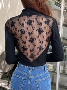 DAZY Áo thun nữ Tương phản ren màu trơn Gợi cảm - màu đen - Xem 8
