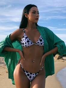 DAZY 奶牛印花三角比基尼套装，适合夏季海滩、比基尼泳装、节日服装 - 黑與白 - 查看 7