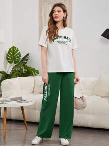 Mulvari Slogan Graphic Drop Shoulder Tee & Trousers - Dark Green - View 1