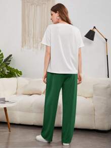 Mulvari Slogan Graphic Drop Shoulder Tee & Trousers - Dark Green - View 2