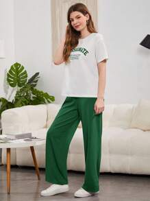 Mulvari Slogan Graphic Drop Shoulder Tee & Trousers - Dark Green - View 4